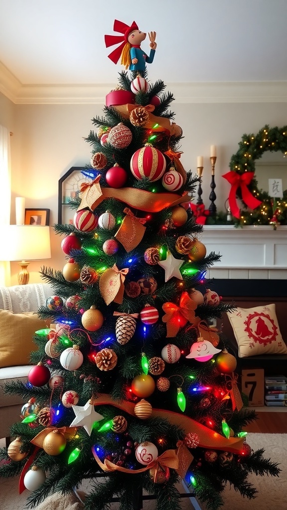 Unique Christmas Tree Decorating Ideas A uniquely decorated Christmas tree with colorful lights, handmade ornaments, and natural elements in a cozy living room.
